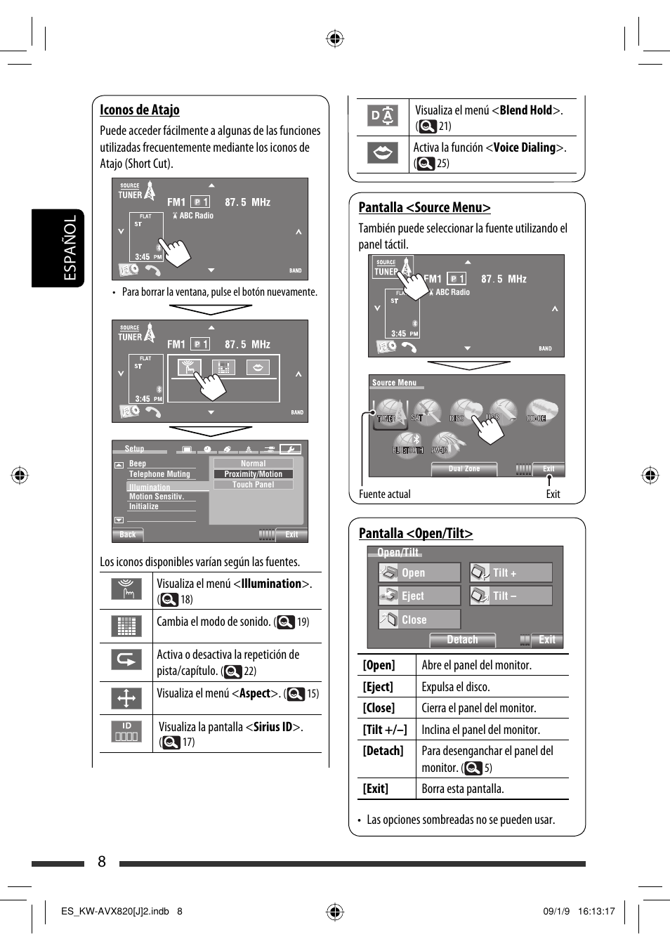 8español, Iconos de atajo, Pantalla <open/tilt | Pantalla <source menu | JVC KW-AVX820 User Manual | Page 76 / 207