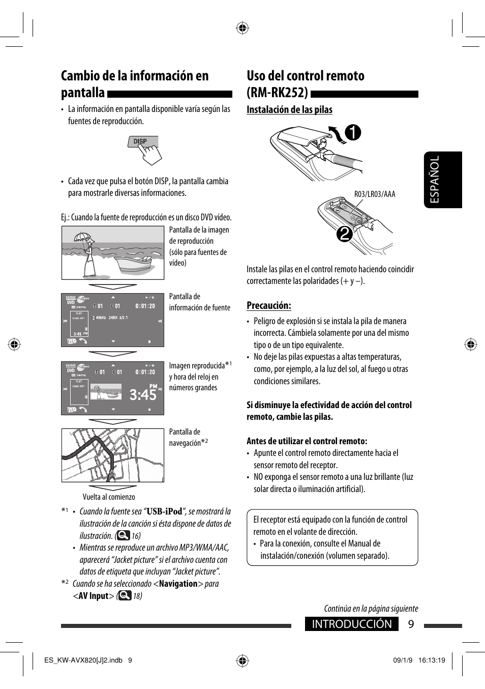 Cambio de la información en pantalla, Uso del control remoto (rm-rk252), 9introducción español | JVC KW-AVX820 User Manual | Page 77 / 207