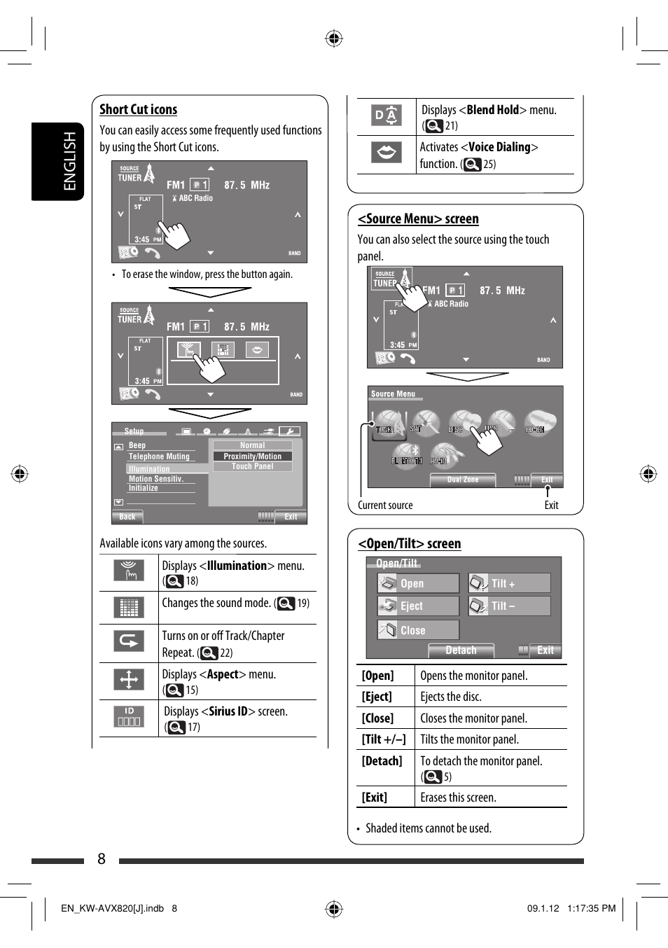 8english, Short cut icons, Open/tilt> screen | Source menu> screen | JVC KW-AVX820 User Manual | Page 8 / 207