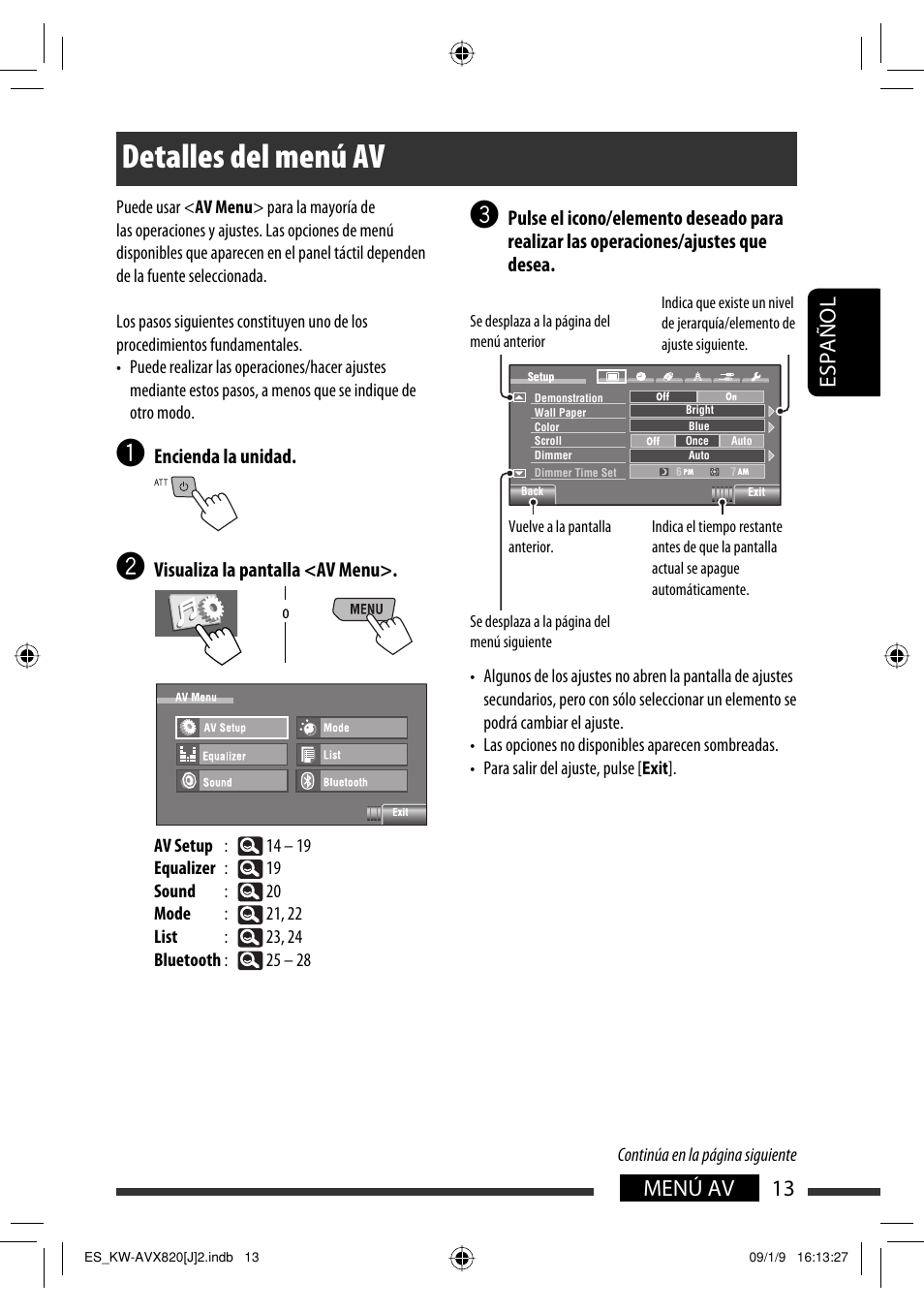 Detalles del menú av, 13 menú av español | JVC KW-AVX820 User Manual | Page 81 / 207