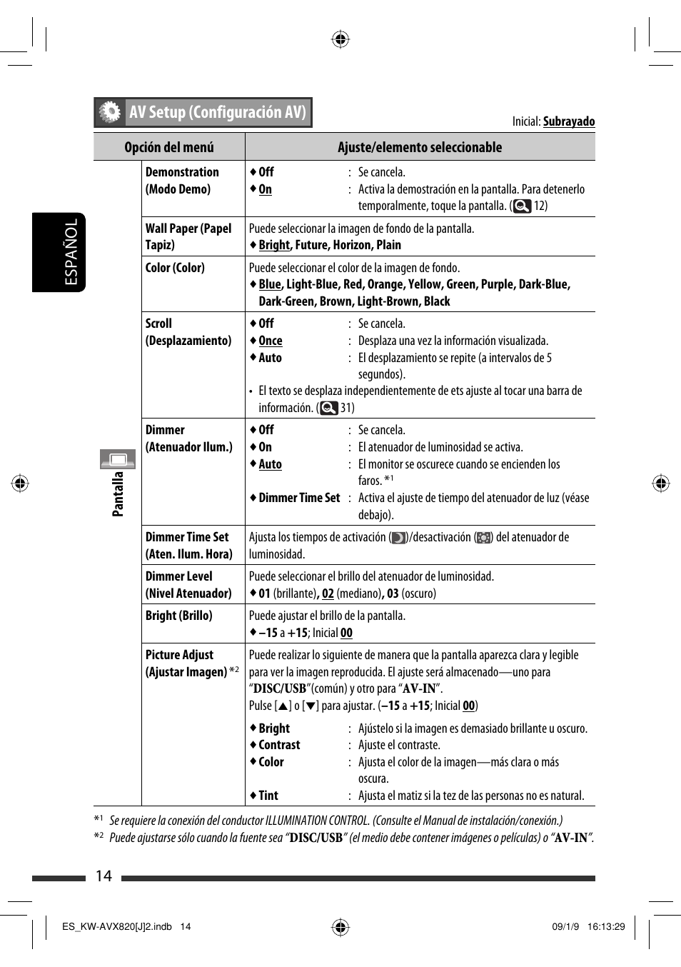 Av setup (configuración av), 14 español | JVC KW-AVX820 User Manual | Page 82 / 207
