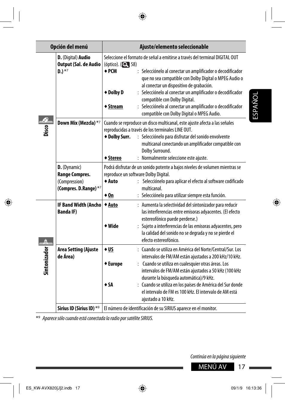 17 menú av español | JVC KW-AVX820 User Manual | Page 85 / 207
