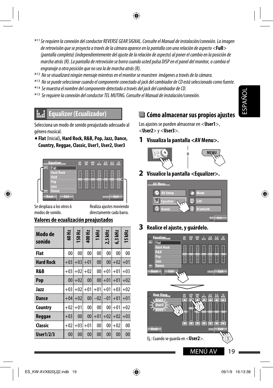 Cómo almacenar sus propios ajustes, Equalizer (ecualizador), 19 menú av español | JVC KW-AVX820 User Manual | Page 87 / 207