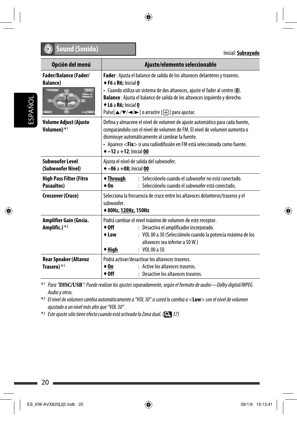 Sound (sonido), 20 español, Opción del menú ajuste/elemento seleccionable | JVC KW-AVX820 User Manual | Page 88 / 207
