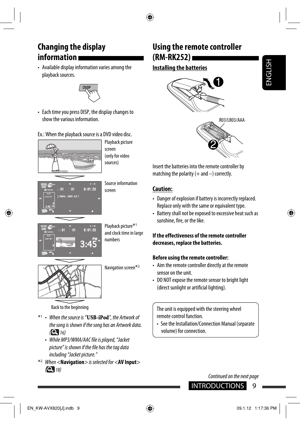Changing the display information, Using the remote controller (rm-rk252), 9introductions english | JVC KW-AVX820 User Manual | Page 9 / 207