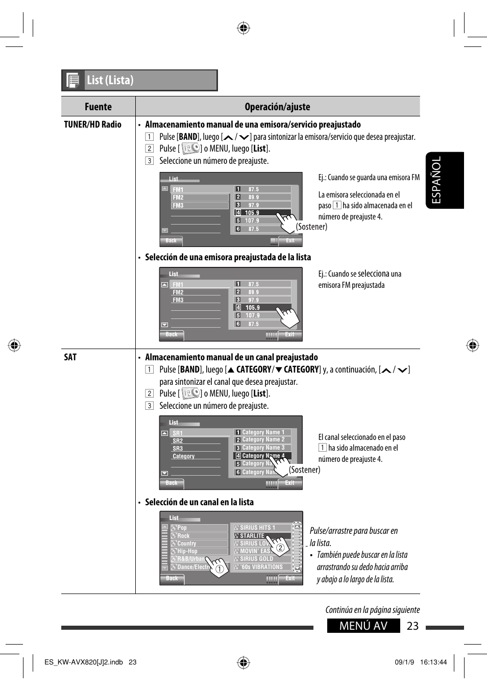 List (lista), 23 menú av español, Fuente operación/ajuste | Pulse [ ] o menu, luego [ list, Pulse [ band ], luego, Category, Selecciona | JVC KW-AVX820 User Manual | Page 91 / 207
