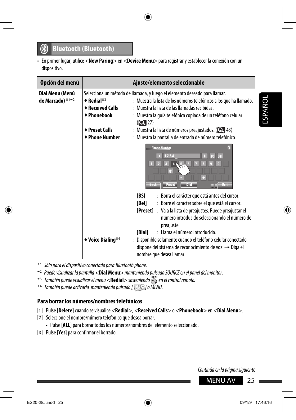 Bluetooth (bluetooth), 25 menú av español, Opción del menú ajuste/elemento seleccionable | Para borrar los números/nombres telefónicos | JVC KW-AVX820 User Manual | Page 93 / 207
