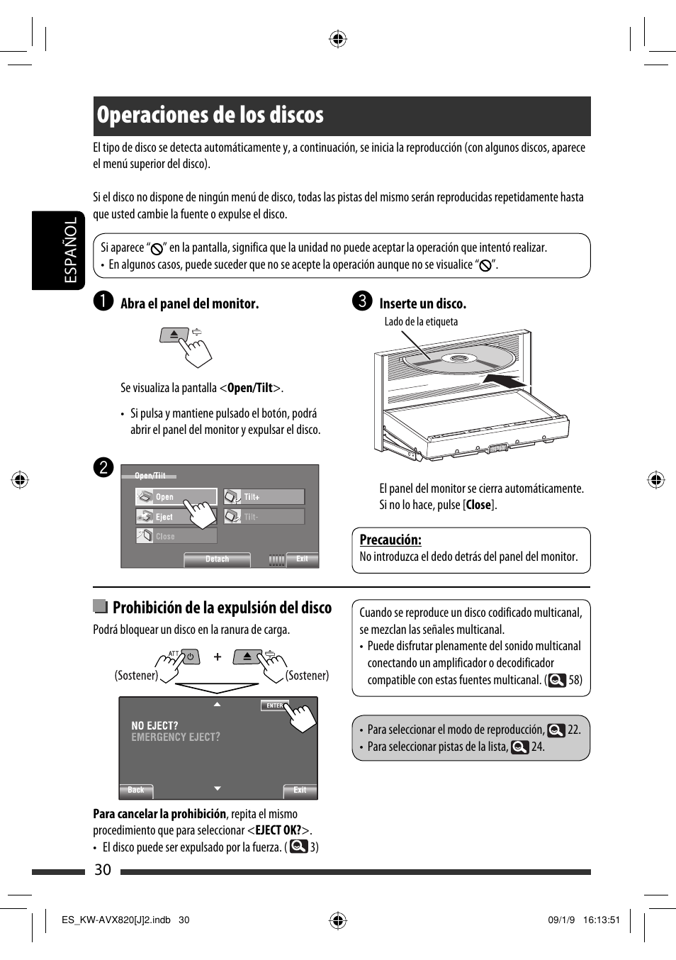 Operaciones de los discos, Prohibición de la expulsión del disco | JVC KW-AVX820 User Manual | Page 98 / 207