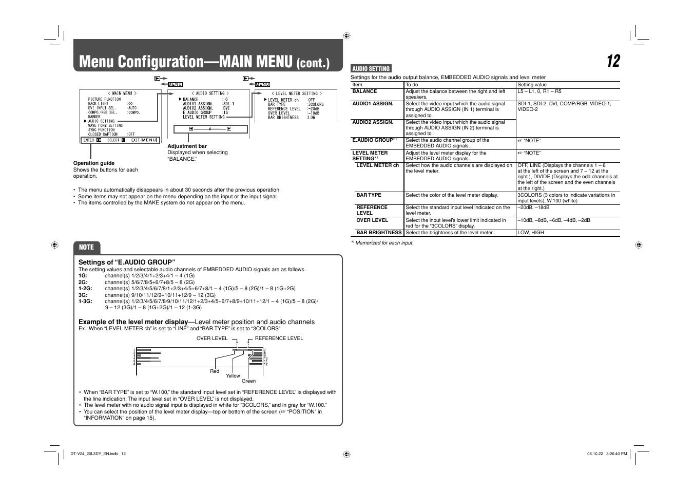Menu configuration—main menu, Cont.) | JVC DT-V20L3DY User Manual | Page 12 / 24