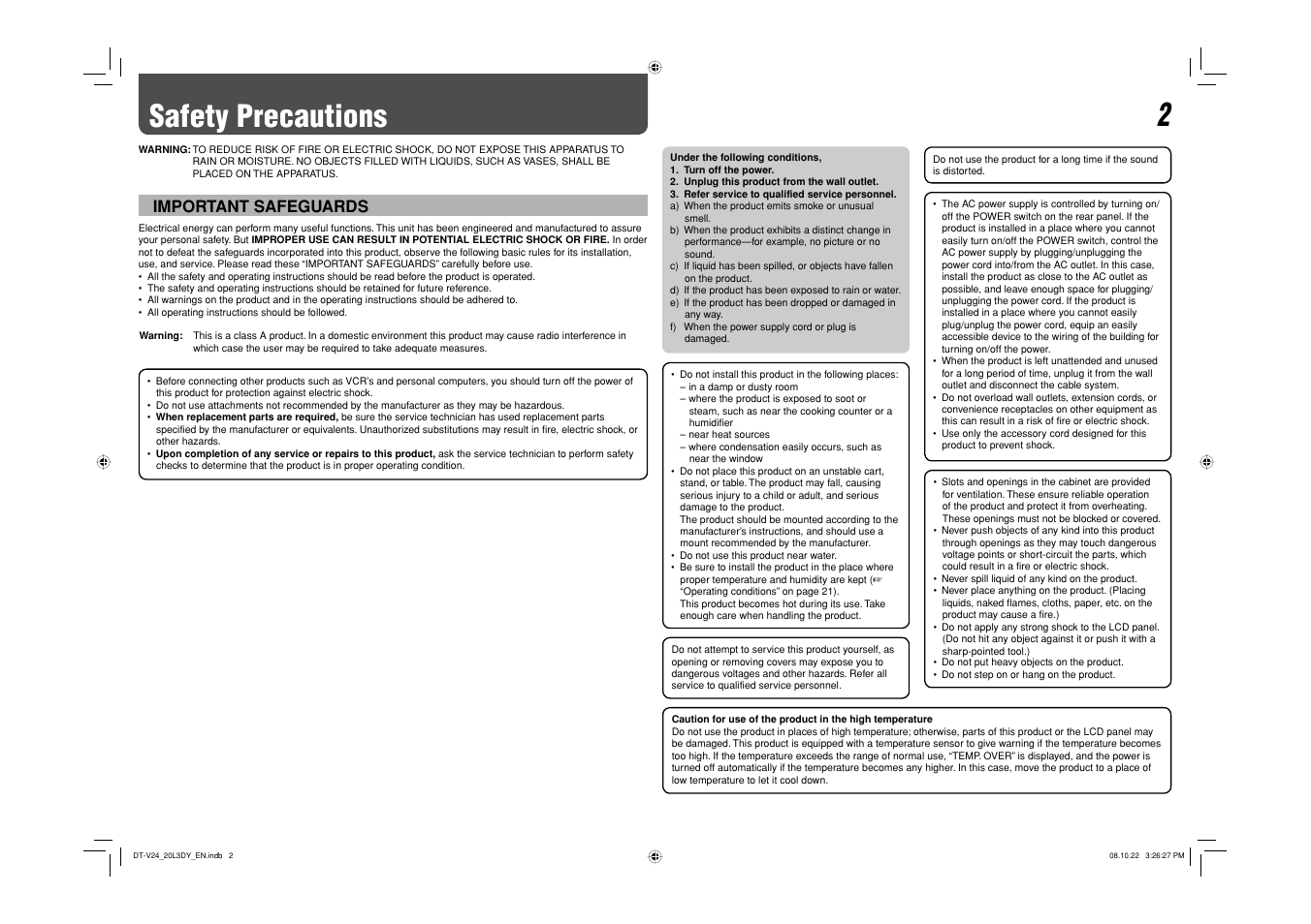 Safety precautions, Important safeguards | JVC DT-V20L3DY User Manual | Page 2 / 24