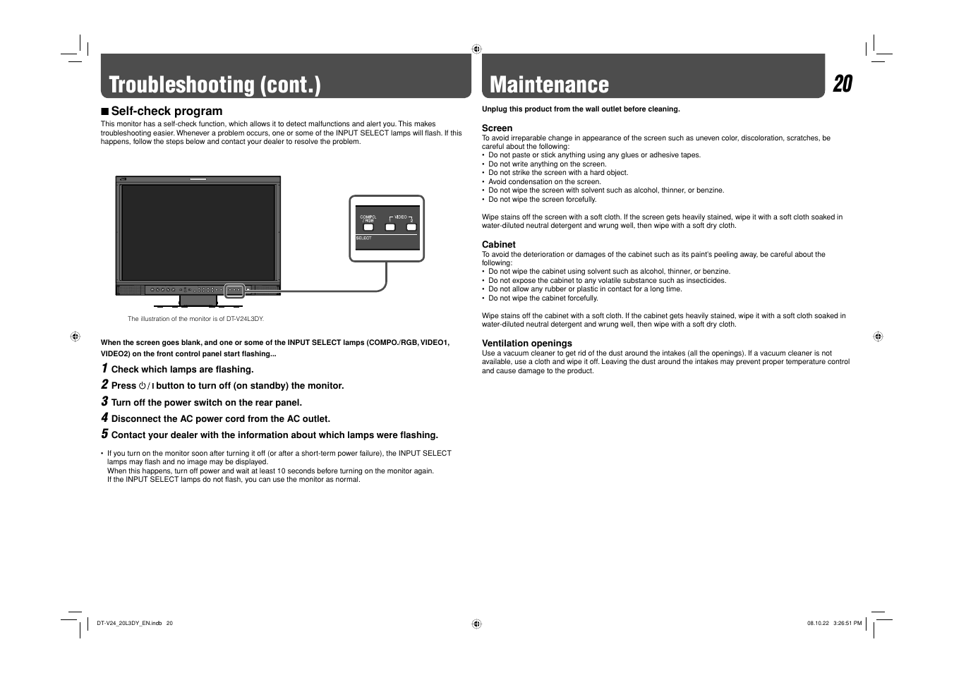 Self-check program, Maintenance, Troubleshooting (cont.) | JVC DT-V20L3DY User Manual | Page 20 / 24