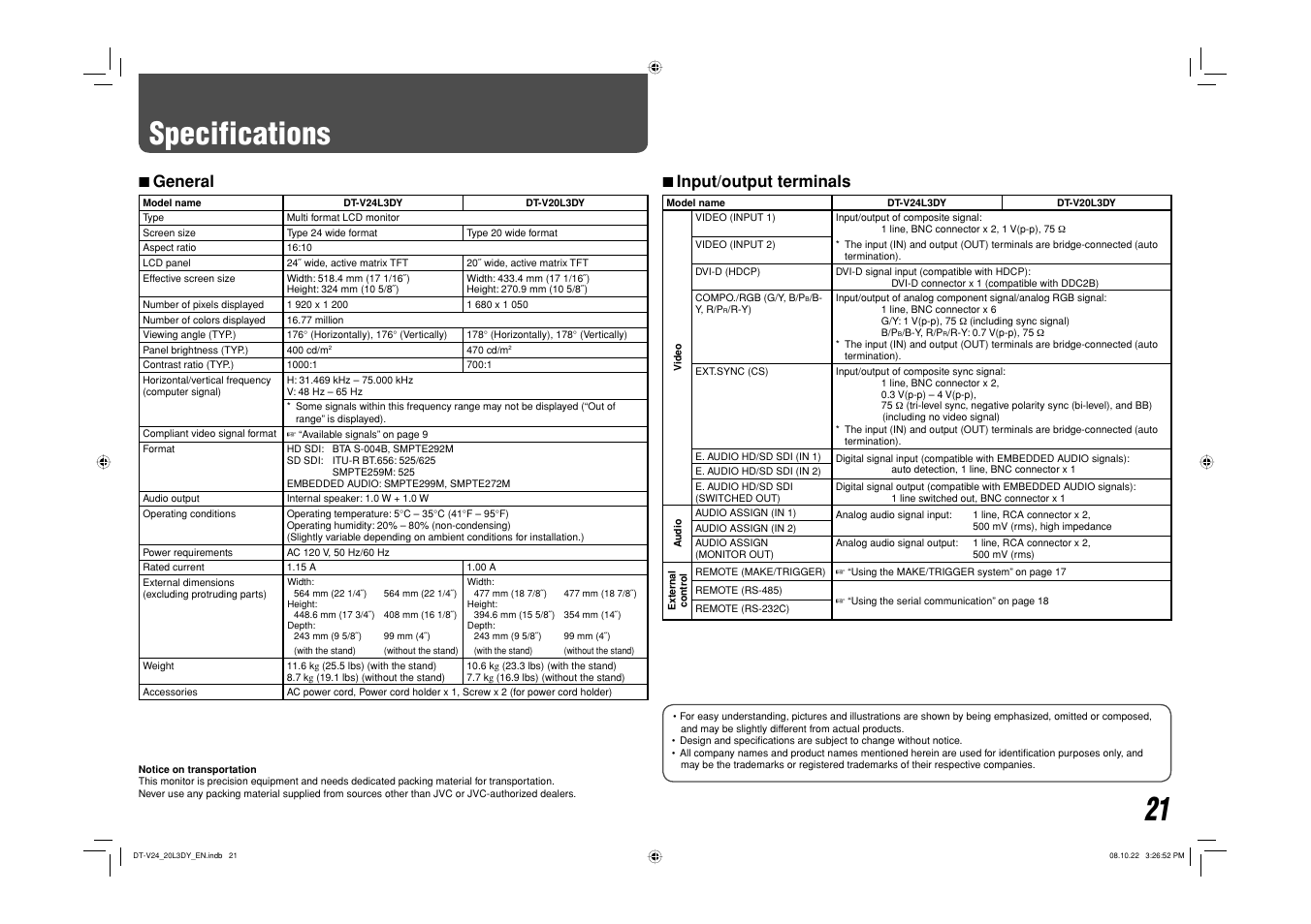 Specifications, General, Input/output terminals | 7 general, 7 input/output terminals | JVC DT-V20L3DY User Manual | Page 21 / 24