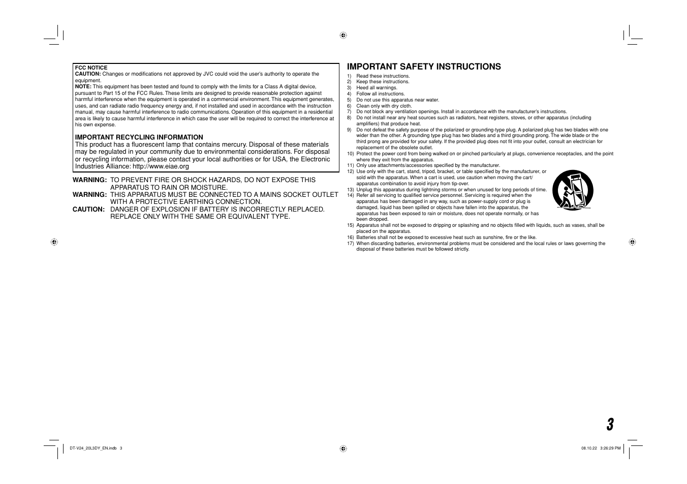 Important safety instructions | JVC DT-V20L3DY User Manual | Page 3 / 24