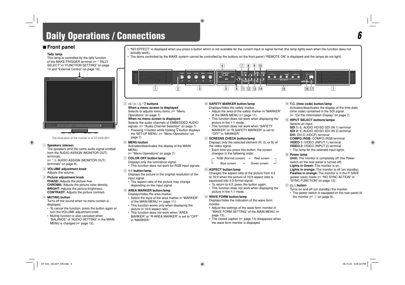 Daily operations / connections, Front panel, 7 front panel | JVC DT-V20L3DY User Manual | Page 6 / 24