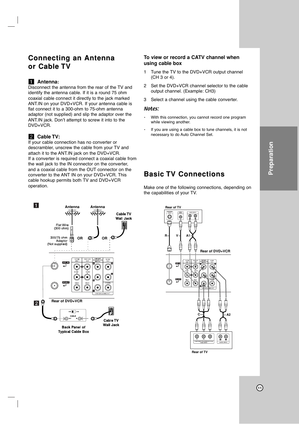 Connecting an antenna, Connecting an antenna or cab or cab le le tv tv, Basic | Basic tv connections tv connections, Preparation, Aa antenna, Bb cable tv | JVC HR-XVC17SU User Manual | Page 11 / 39