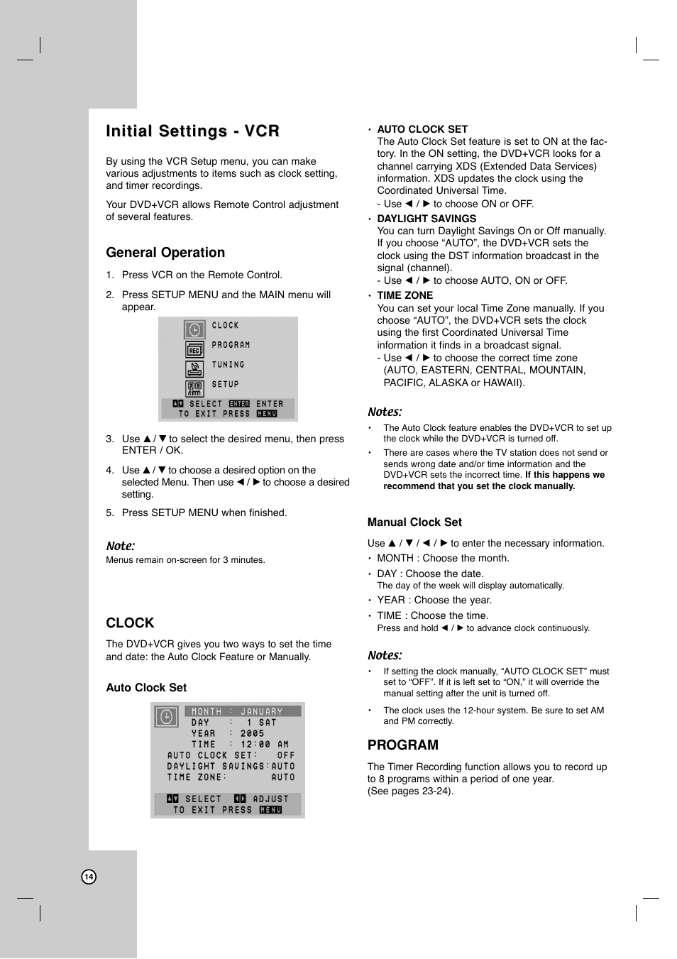 Initial settings, Initial settings - vcr vcr, General operation | Clock, Program | JVC HR-XVC17SU User Manual | Page 14 / 39