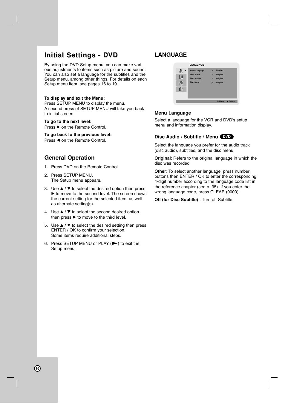 Initial settings - d, Initial settings - d vd vd, General operation | Language | JVC HR-XVC17SU User Manual | Page 16 / 39