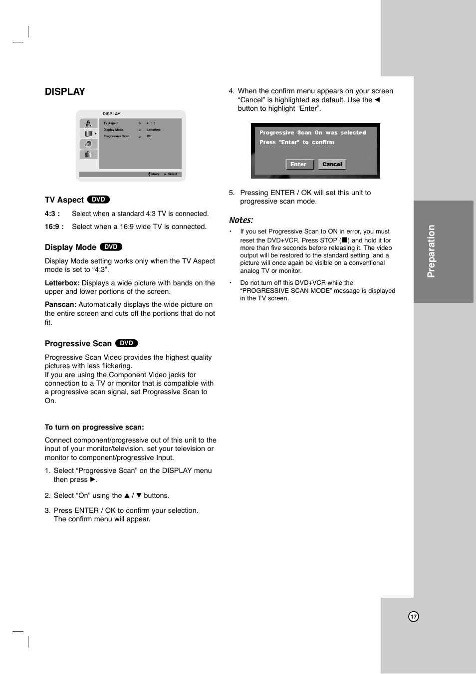 Preparation display, Tv aspect, Display mode | Progressive scan | JVC HR-XVC17SU User Manual | Page 17 / 39