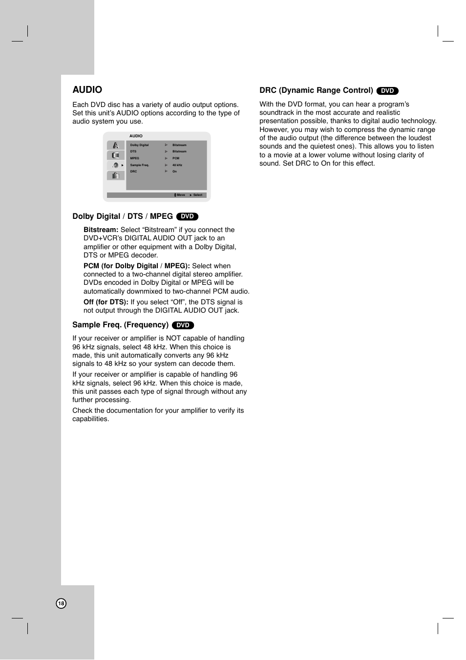 Audio, Dolby digital / dts / mpeg, Sample freq. (frequency) | Drc (dynamic range control) | JVC HR-XVC17SU User Manual | Page 18 / 39