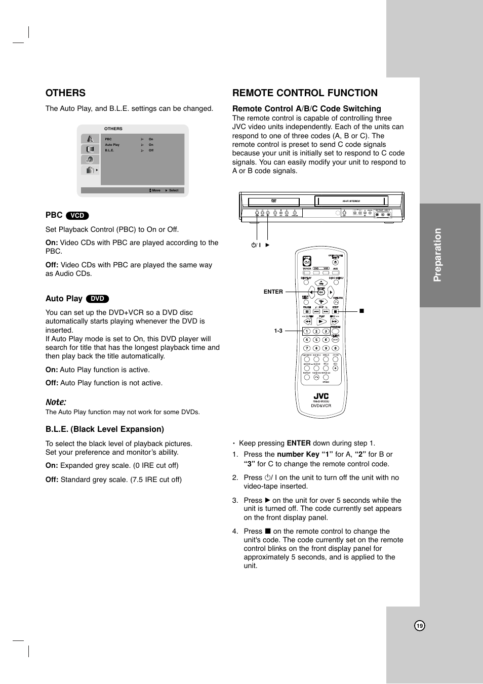 Preparation others, Remote control function, Auto play | B.l.e. (black level expansion), Remote control a/b/c code switching | JVC HR-XVC17SU User Manual | Page 19 / 39