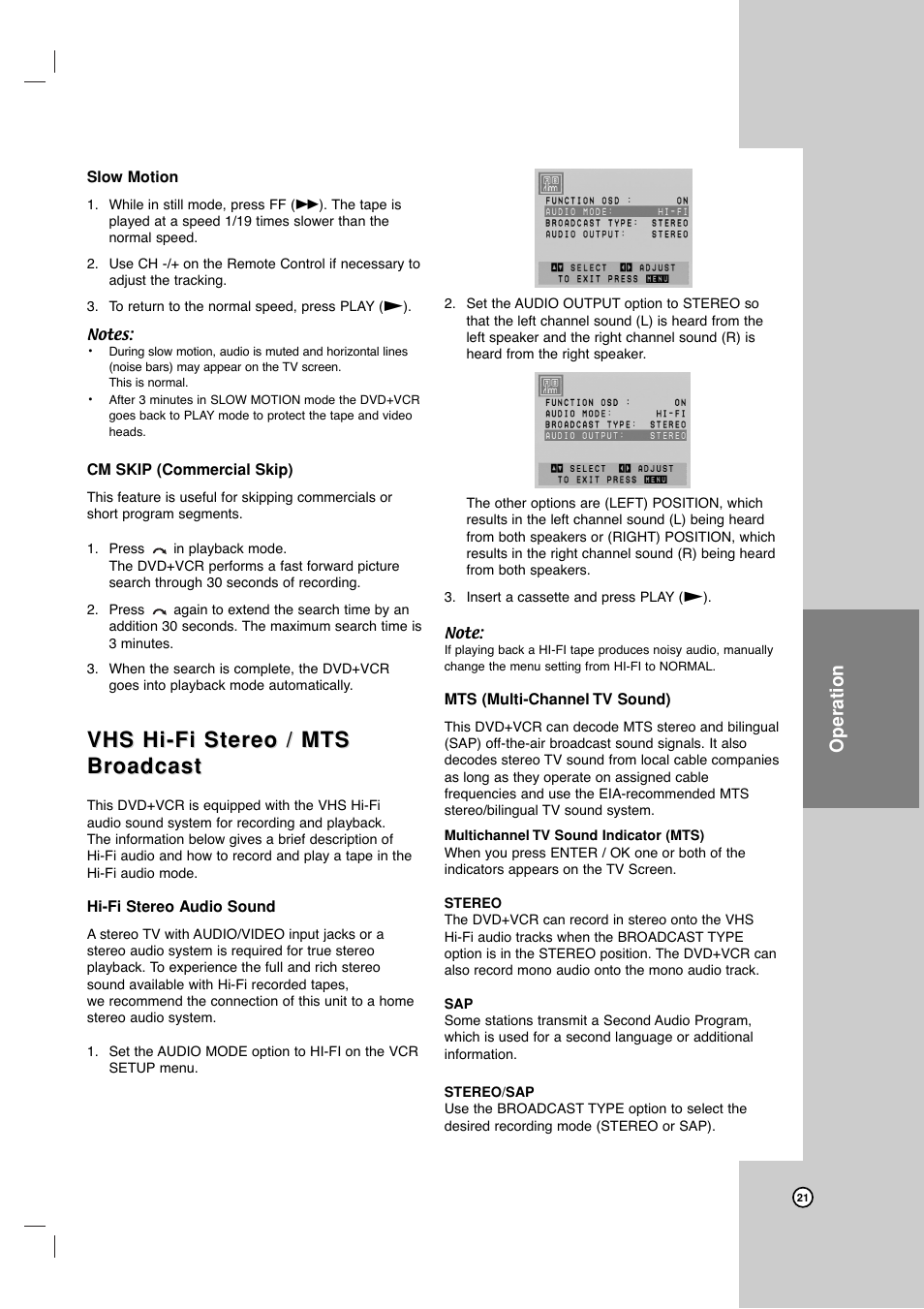 Vhs hi-fi stereo / mts, Vhs hi-fi stereo / mts br br oadcast oadcast, Operation | JVC HR-XVC17SU User Manual | Page 21 / 39