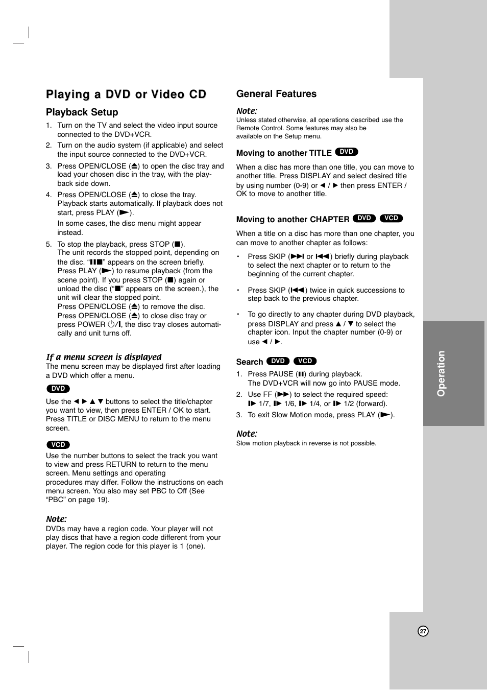 Operation, Playback setup, General features | JVC HR-XVC17SU User Manual | Page 27 / 39