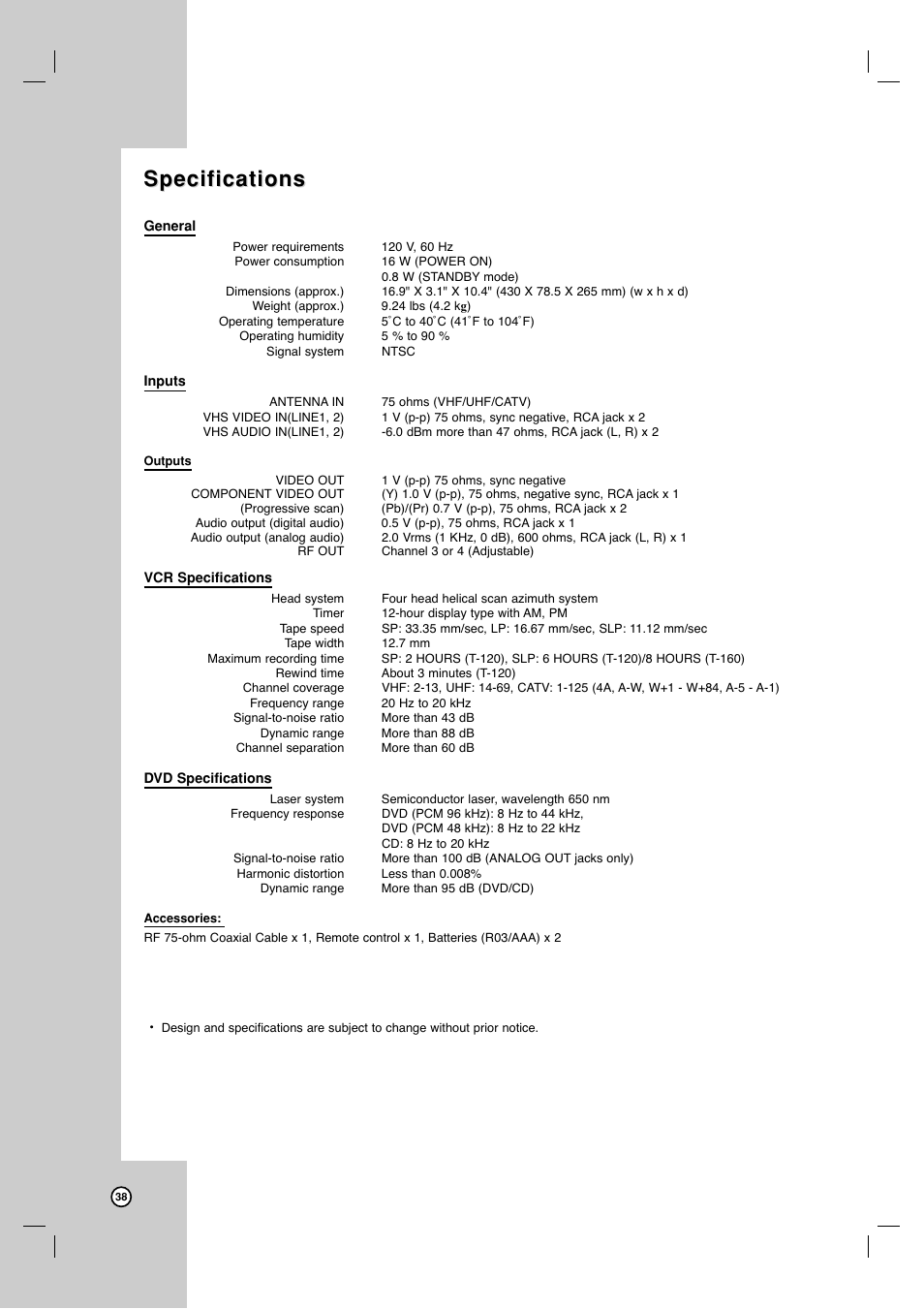 Specifications | JVC HR-XVC17SU User Manual | Page 38 / 39