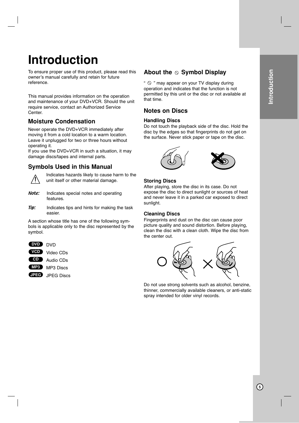 Introduction, Moisture condensation, Symbols used in this manual | About the symbol display, Intr oduction | JVC HR-XVC17SU User Manual | Page 5 / 39