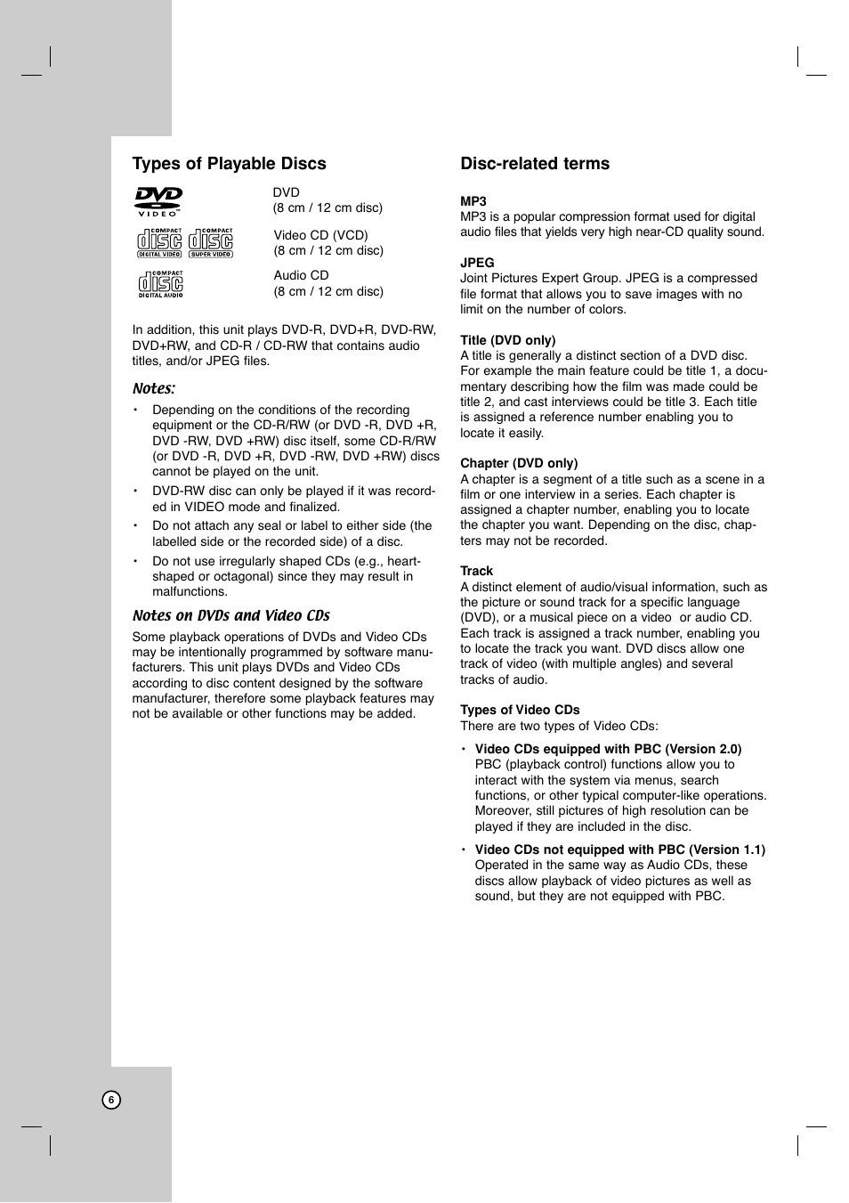 Types of playable discs, Disc-related terms | JVC HR-XVC17SU User Manual | Page 6 / 39