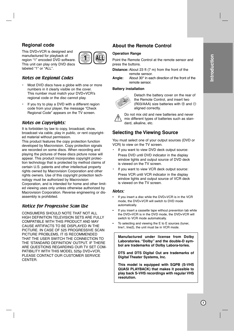 1all, Regional code, About the remote control | Selecting the viewing source, Intr oduction | JVC HR-XVC17SU User Manual | Page 7 / 39