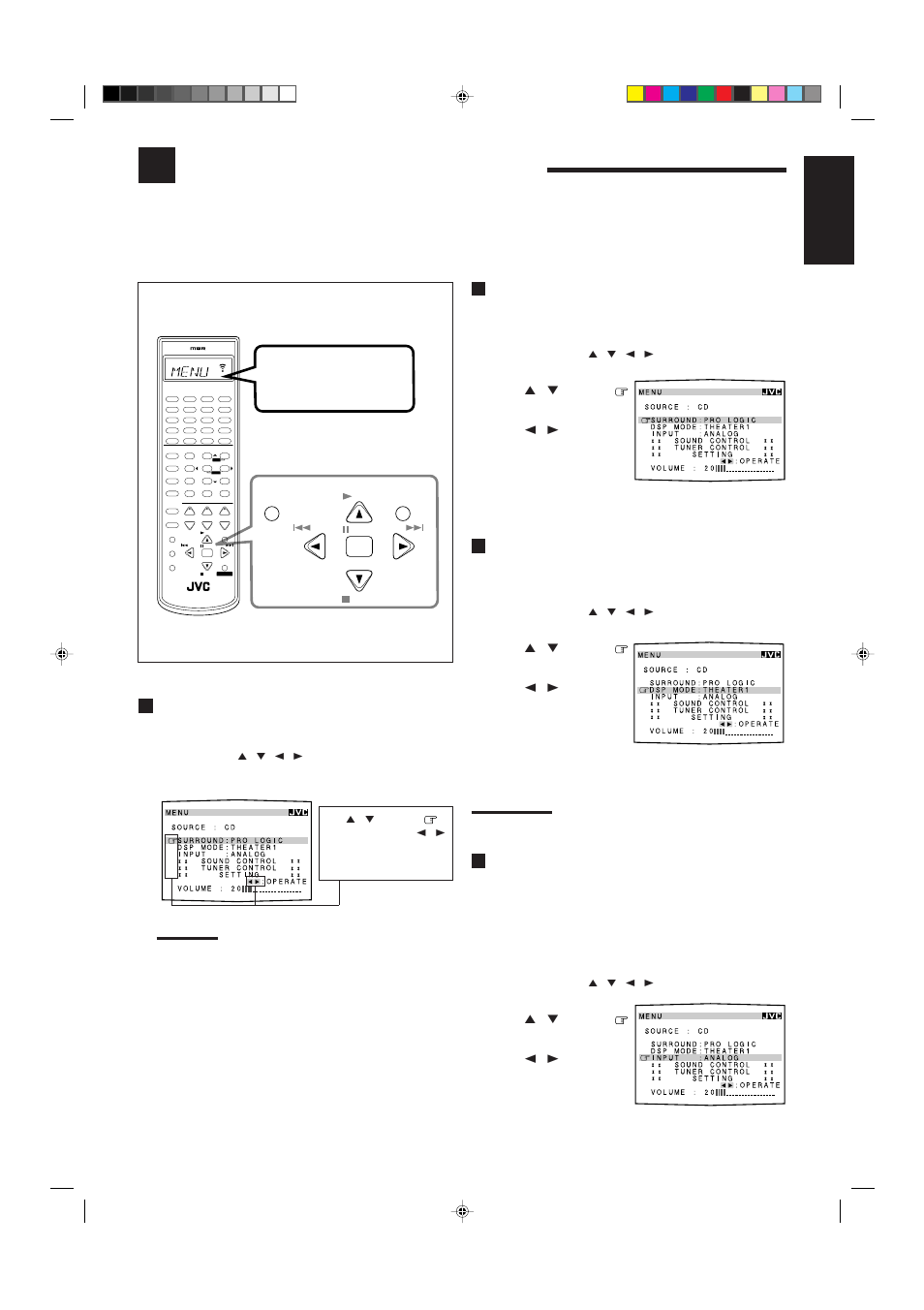 Using the on-screen menus, English, Press menu | Activating the surround modes (also see page 27), Activating the dsp modes (also see pages 28 — 34), Showing the menu on the tv screen, The menu disappears from the tv | JVC RX-8010VBK User Manual | Page 39 / 62