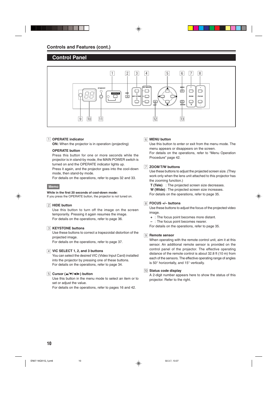 Control panel, We 9 q p, 10 controls and features (cont.) | JVC DLA-QX1G User Manual | Page 12 / 64