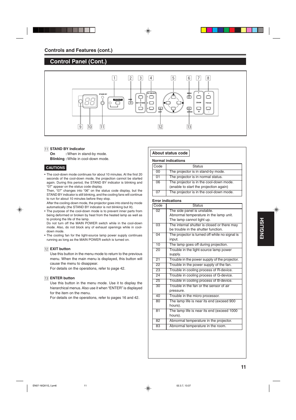 Control panel (cont.), We 9 q p, 11 english controls and features (cont.) | JVC DLA-QX1G User Manual | Page 13 / 64