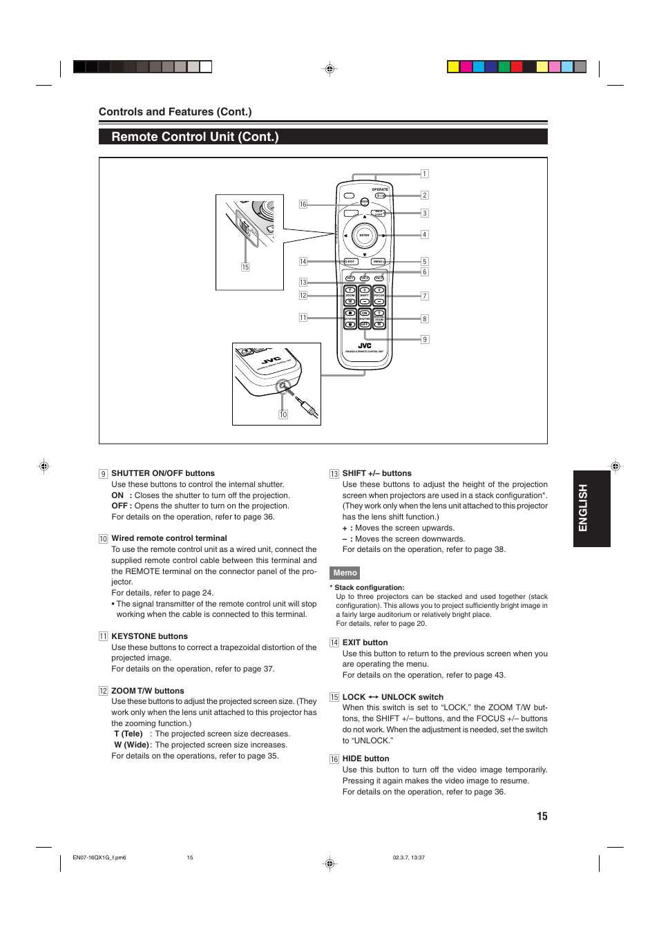 Remote control unit (cont.), 15 english controls and features (cont.) | JVC DLA-QX1G User Manual | Page 17 / 64