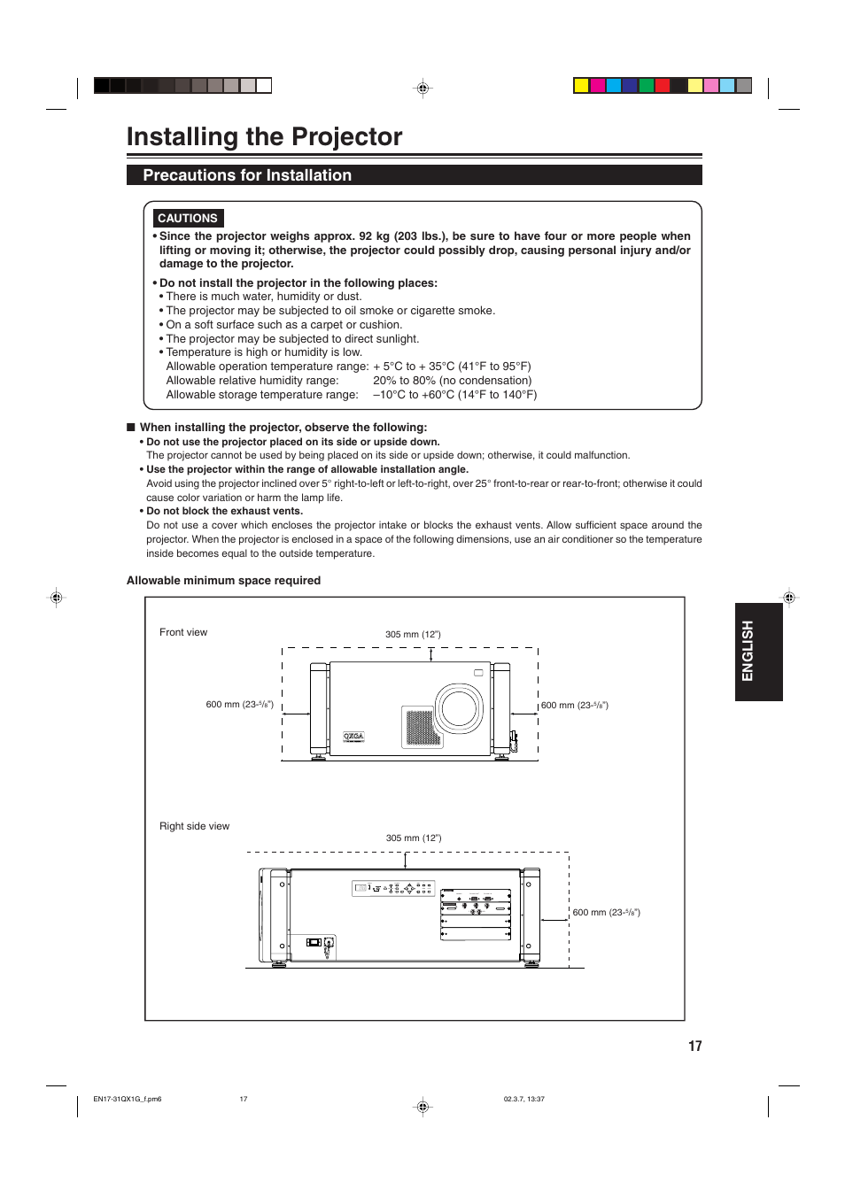 Installing the projector, Precautions for installation | JVC DLA-QX1G User Manual | Page 19 / 64