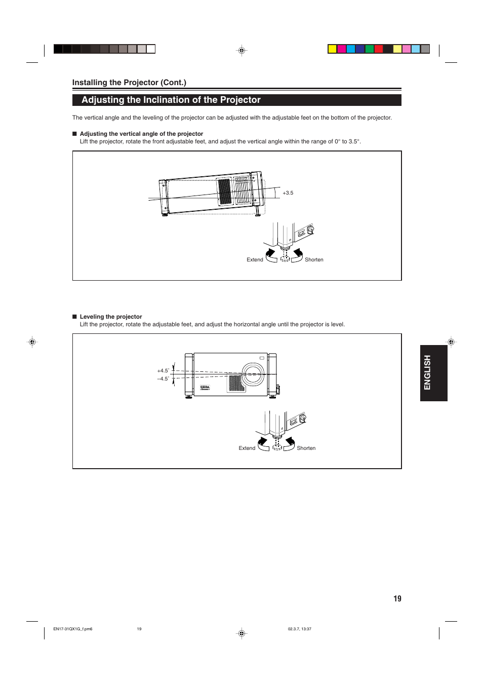 Adjusting the inclination of the projector, 19 english, Installing the projector (cont.) | JVC DLA-QX1G User Manual | Page 21 / 64