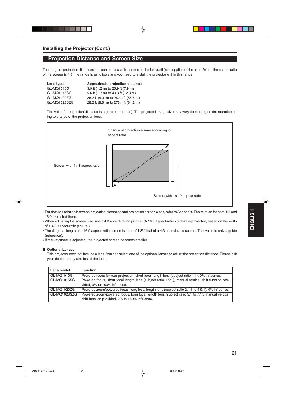 Projection distance and screen size, 21 english, Installing the projector (cont.) | JVC DLA-QX1G User Manual | Page 23 / 64