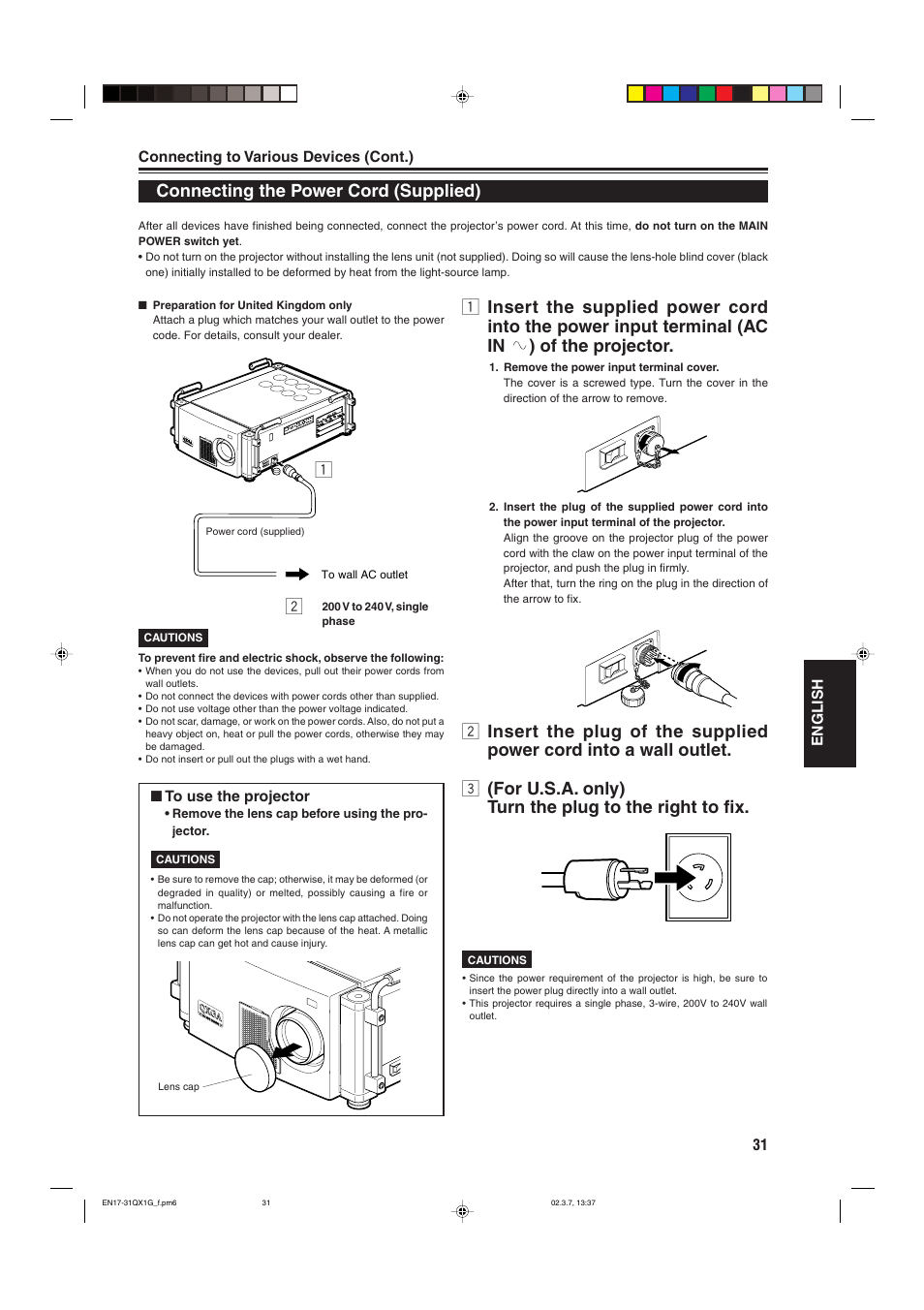 Connecting the power cord (supplied) | JVC DLA-QX1G User Manual | Page 33 / 64