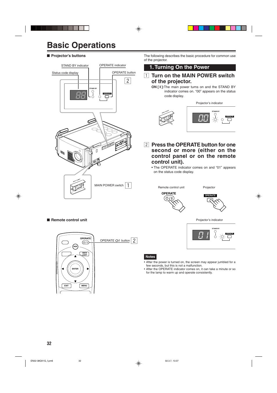 Basic operations, 1 turn on the main power switch of the projector, Turning on the power | JVC DLA-QX1G User Manual | Page 34 / 64