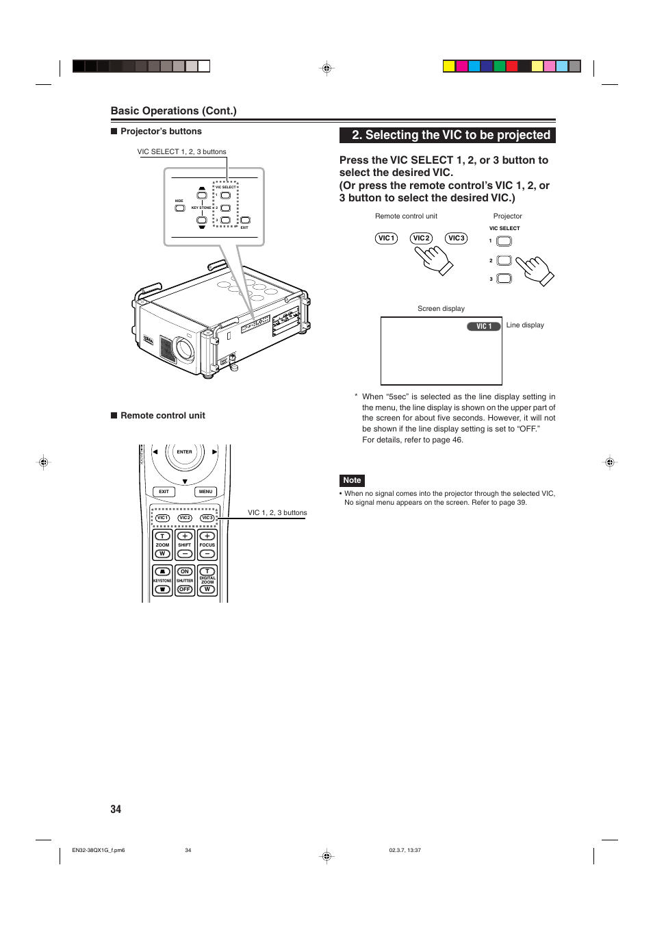 Selecting the vic to be projected, Basic operations (cont.) | JVC DLA-QX1G User Manual | Page 36 / 64