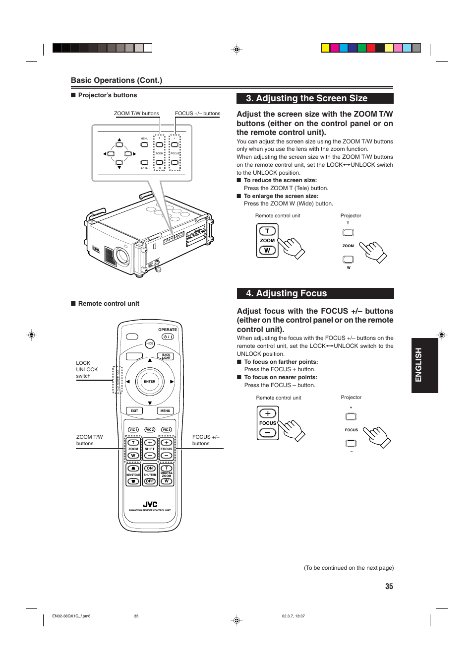 Adjusting focus, Adjusting the screen size, 35 english | Basic operations (cont.) | JVC DLA-QX1G User Manual | Page 37 / 64