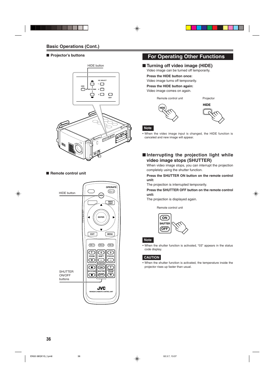 For operating other functions, 36 basic operations (cont.), Turning off video image (hide) | JVC DLA-QX1G User Manual | Page 38 / 64