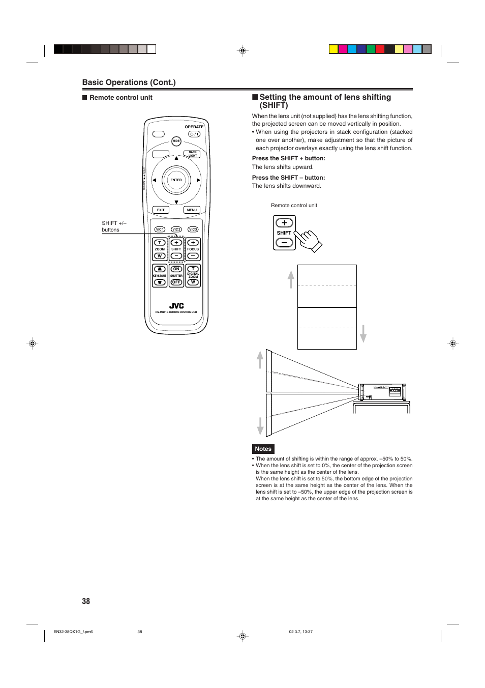 38 basic operations (cont.), Setting the amount of lens shifting (shift) | JVC DLA-QX1G User Manual | Page 40 / 64