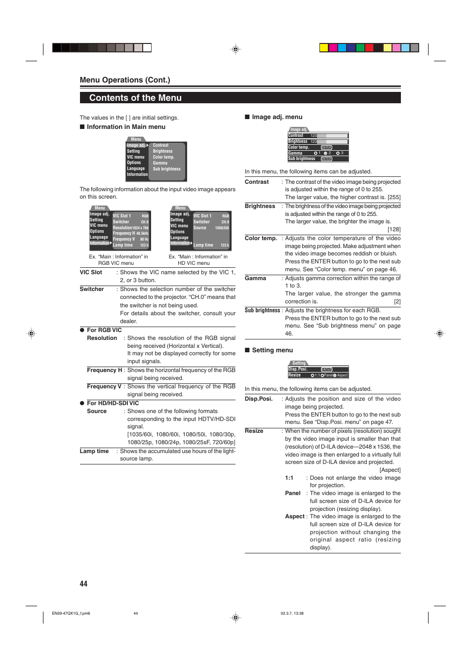 Contents of the menu, Menu operations (cont.) | JVC DLA-QX1G User Manual | Page 46 / 64