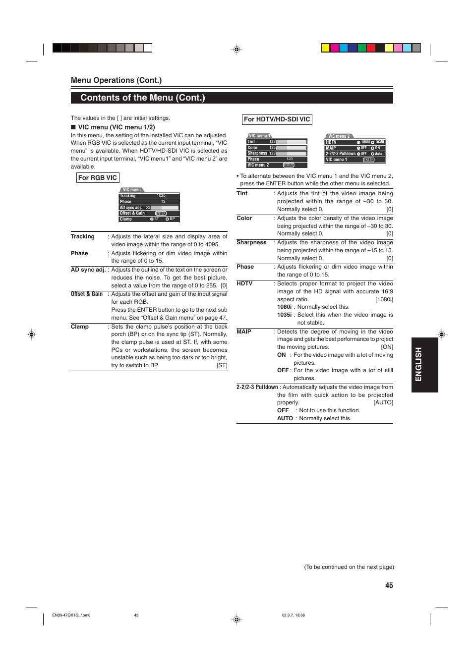 Contents of the menu (cont.), 45 english, Menu operations (cont.) | JVC DLA-QX1G User Manual | Page 47 / 64