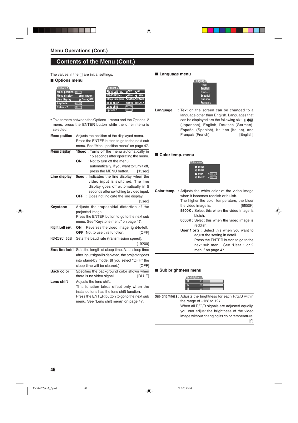 Contents of the menu (cont.), Menu operations (cont.) | JVC DLA-QX1G User Manual | Page 48 / 64