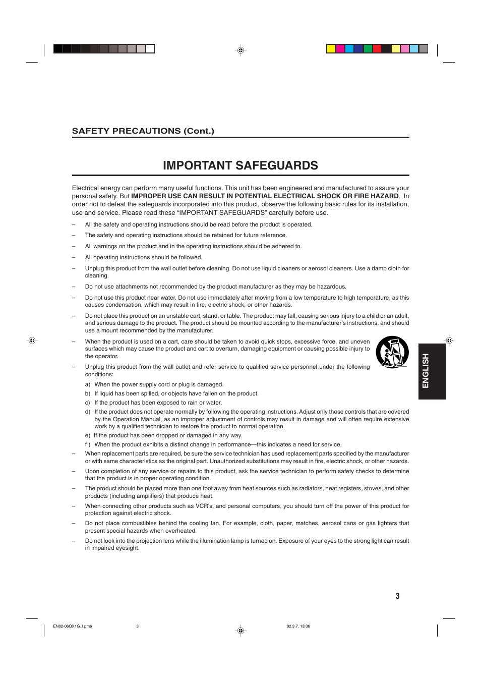 Important safeguards, 3english safety precautions (cont.) | JVC DLA-QX1G User Manual | Page 5 / 64