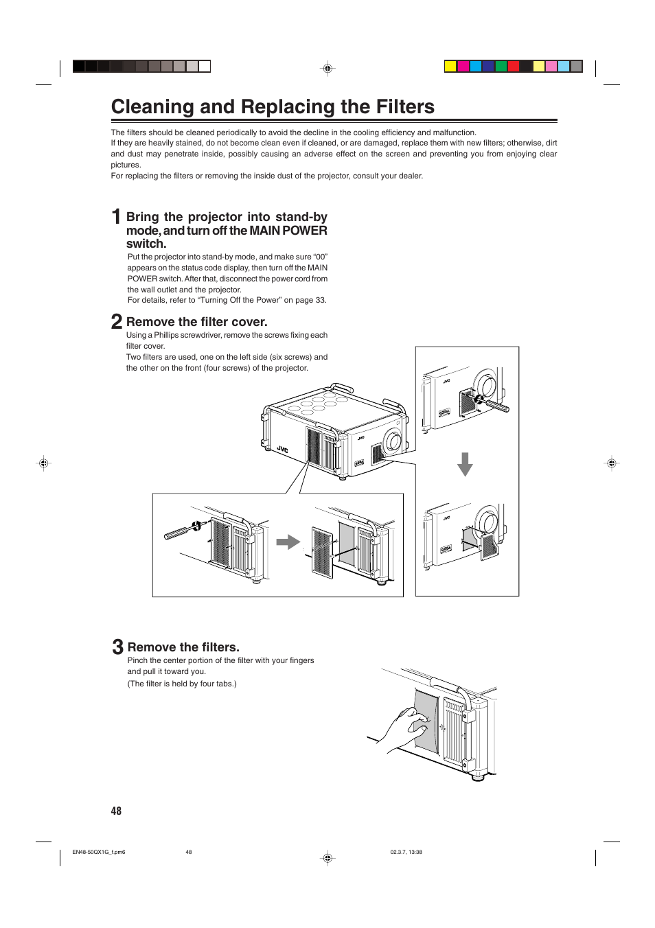 Cleaning and replacing the filters | JVC DLA-QX1G User Manual | Page 50 / 64