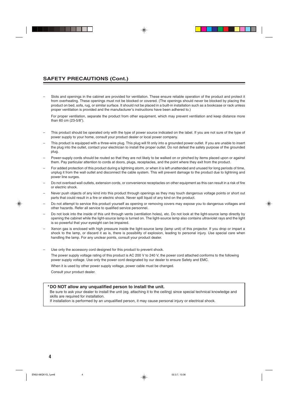 4safety precautions (cont.) | JVC DLA-QX1G User Manual | Page 6 / 64