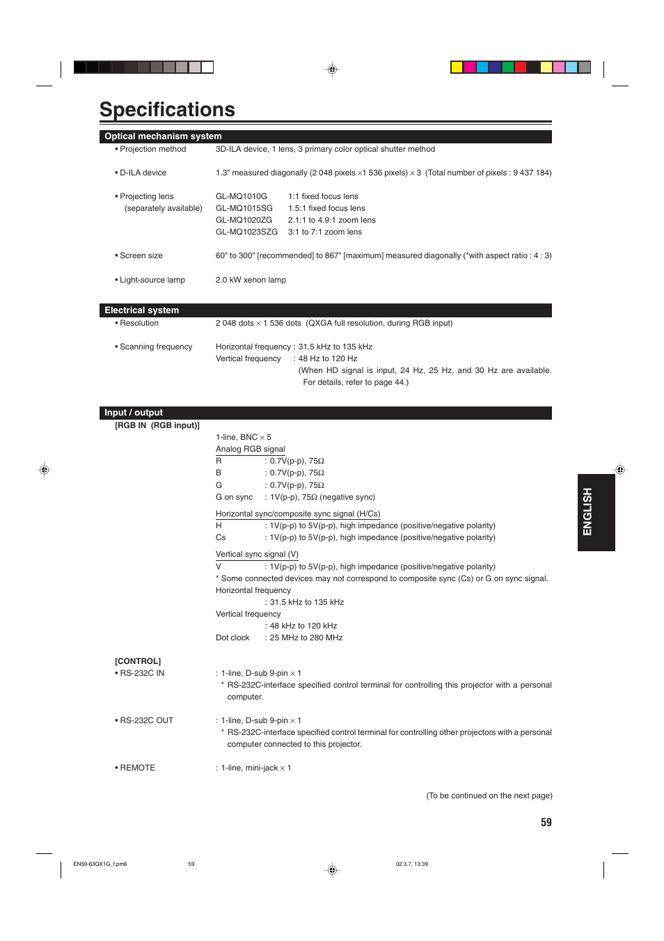 Specifications, 59 english | JVC DLA-QX1G User Manual | Page 61 / 64